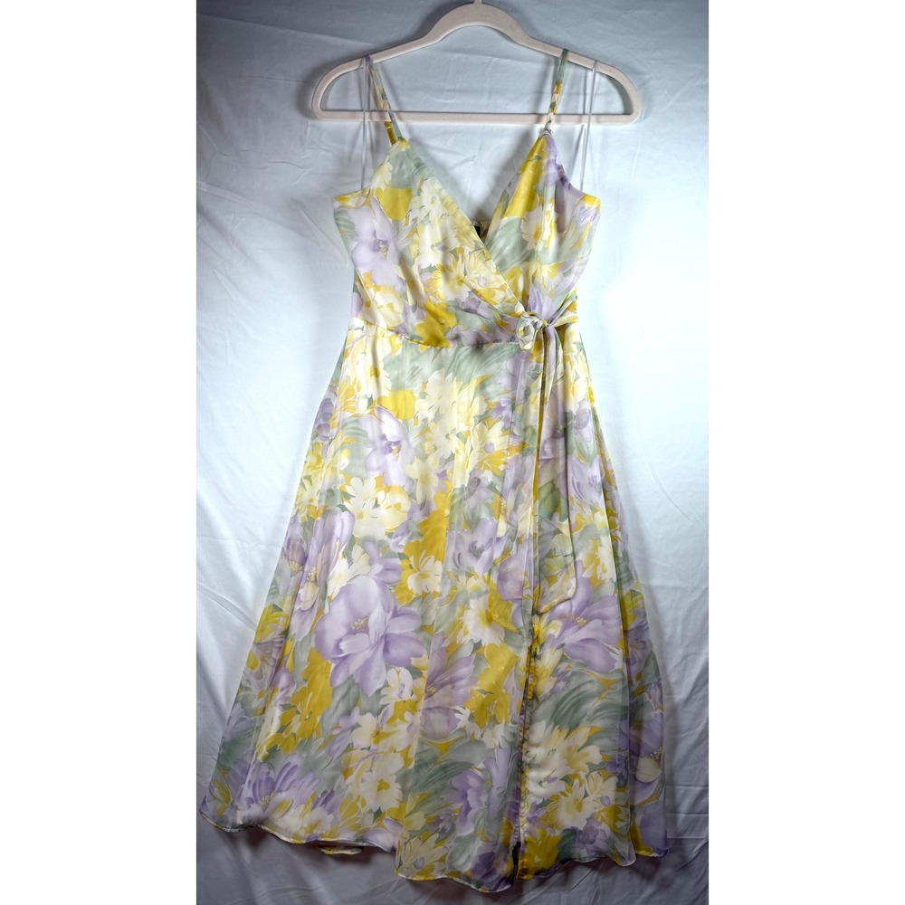 Aakaa Floral Faux Wrap Midi Dress Yellow Purple Smocked Wmns M wedding feminine‎